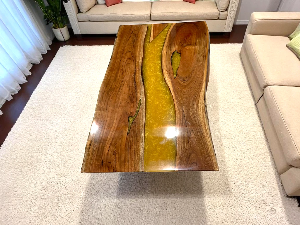 Live Edge Dining Table With Yellow Resin Epoxy 